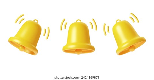 3d render Yellow Bell notifications. Set of Bells Icon. Ringing handbell icons for social media reminder and alert. Vector illustration.