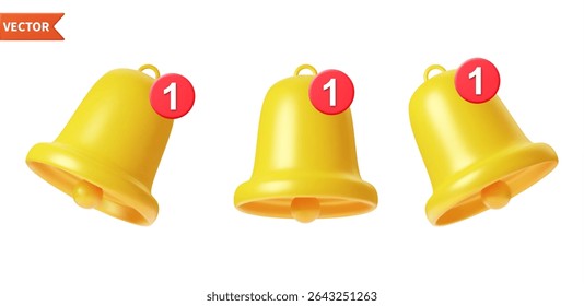 3d renderiza notificações de Campainha Amarela. Conjunto de ícones de sinos com nova mensagem. Tocando ícones de campainha para lembrete e alerta de mídia social. Ilustração vetorial.