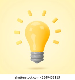 3d render yellow light bulb isolated on white background. Creativity idea, business success, strategy concept. Realistic vector icon for postcard, poster, banner, web, design, arts, advertising