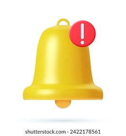 3d render Yellow notification bell icon with new urgent message isolated on white background. Social media notice event reminder. concept of notification message. Vector illustration