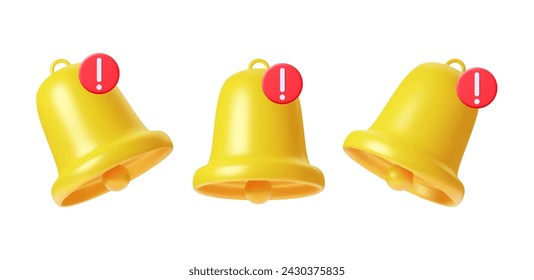 3d render Yellow notifications bell icon with new urgent message isolated on white background. Social media notice event reminder. Set of Bells Icon. Vector illustration