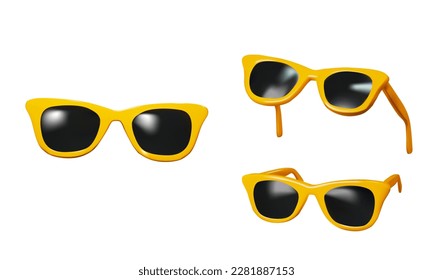 3d presentación de gafas de sol amarillas desde diferentes ángulos. ilustración vectorial