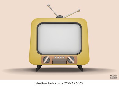 Aislamiento en el fondo del estilo de la animación de la televisión de vídeo 3D de color amarillo. Mínima TV Retro. TV analógica amarilla.  Viejo televisor con antena. Ilustración vectorial 3d.