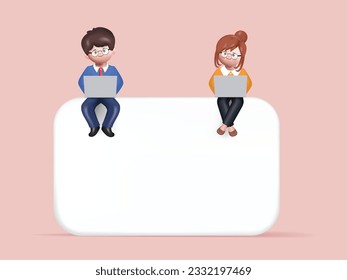 3D Render of Young woman and man Sitting on bar with working on her Laptop. Concept of web development and coding. 3D vector illustration