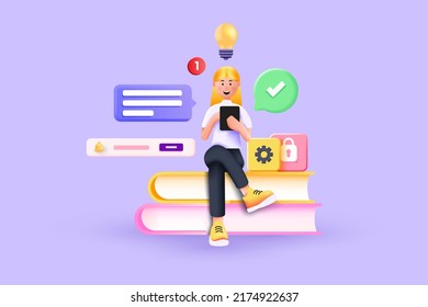 3D Render of Young Woman Sitting on Books with tablet. Concept of Online Education and Learning. 3D vector illustration