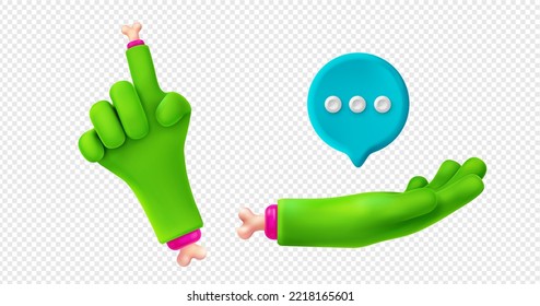 3d render zombie hands pointing up and holding speech bubble. Green monster character palm, funny Halloween personage gestures, finger with bones, isolated vector illustration in. 3D Illustration