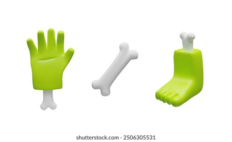 3d render zombie set. Three-dimensional Halloween vector illustration creepy hand, cartoon bones, dead leg. Death monster night character. Realistic spooky mystery party. Trick or treats collection