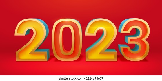 3D Rendered 2023 golden bold numbers isolated on red background