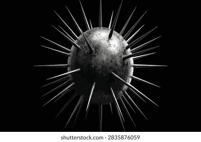 3D rendered abstract metal sphere with sharp spikes, dark metallic spiky ball object isolated on black background