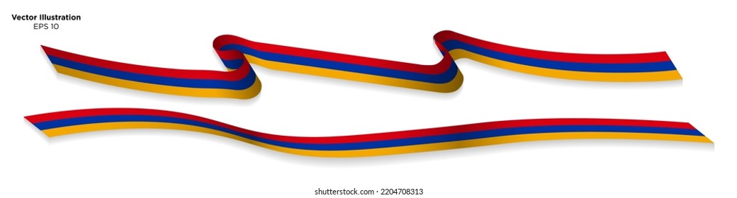 3d Rendered Armenian Flag Ribbons with shadows, isolated on white background. Curled and rendered in perspective. Vector Illustration. EPS 10