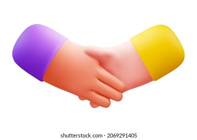 3d rendered cartoon handshake illustration or icon isolated on white background. Agreement or deal or contract or friendship concept. Vector illustration