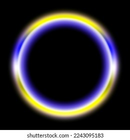 3d luz de anillo de neón colorido en colores azul, amarillo, púrpura, rojo y blanco. Círculo multicolor brillante sobre fondo oscuro. Ilustración vectorial. EPS 10.