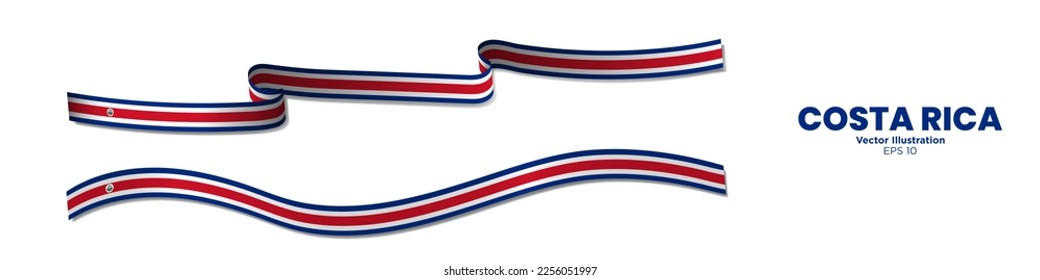 
3d Rendered Costa Rica Flag Ribbons with shadows. Long Costa Rican Flag Bands Set. Curled and rendered in perspective. Graphic Resource. Editable Vector Illustration.