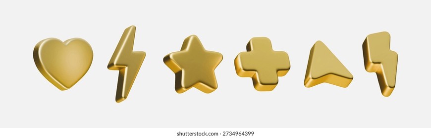 3D rendered cursor pointer with thunder flash and heart symbols. Glossy golden icons featuring geometric shapes, plus signs, and abstract elements for digital interface design.