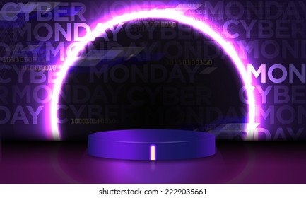 3D Rendered Cyber Monday Studio background with neon podium product display glowing ring, cyber monday lettering. Vector Illustration. EPS 10.