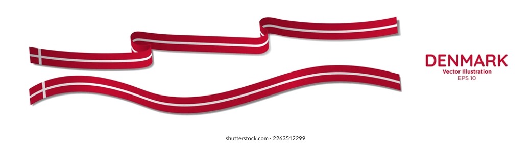 3d Rendered Denmark Flag Ribbons with shadows. Danish flags. Long Flag of Denmark Set. Curled and rendered in perspective. Graphic Resource. Editable Vector Illustration.