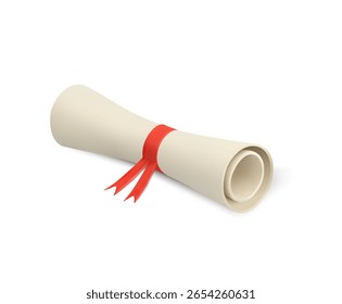 3d rendered diploma scroll, isolated on white background. Diploma paper scroll icon in 3d vector