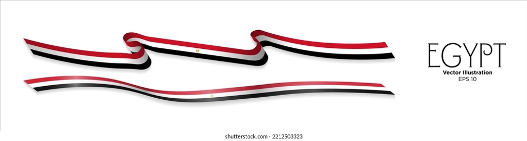 3d Rendered Egyptian Flag Ribbons with shadows, isolated on white background. Curled and rendered in perspective. Graphic Resource. Editable Vector Illustration.