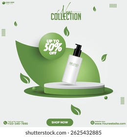 3D rendered empty studio background design vector. Promotional product sale social media post design template. Natural cosmetics product sale advertisement poster design template with leaves. 