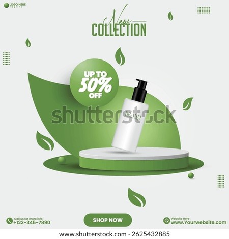3D rendered empty studio background design vector. Promotional product sale social media post design template. Natural cosmetics product sale advertisement poster design template with leaves. 