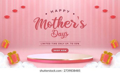 3D rendered festive pink product showcase featuring a circular pedestal, floating gift boxes, and hanging kisses set against a striped background, perfect for a Mothers Day shopping event promotion.