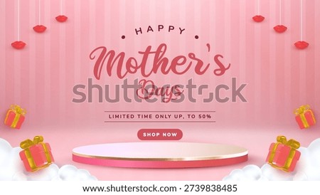 3D rendered festive pink product showcase featuring a circular pedestal, floating gift boxes, and hanging kisses set against a striped background, perfect for a Mothers Day shopping event promotion.