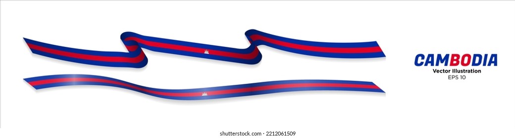 3d Rendered Flag Ribbons of Cambodia with shadows, isolated on white background. Curled and rendered in perspective. Graphic Resource. Editable Vector Illustration.