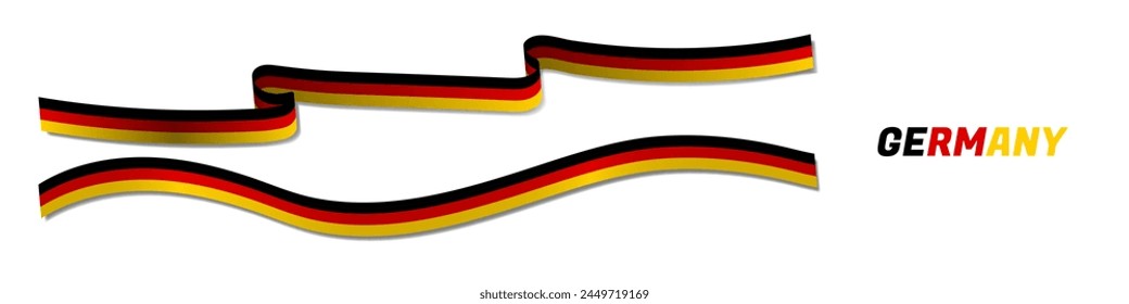 3D Gerenderte Deutsche Flagge Bänder mit Schatten, isoliert auf dunklem Hintergrund. Gerollt und perspektivisch gerendert. Grafik-Ressource. Bearbeitbare Vektorillustration.	