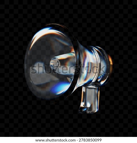 3D rendered glass megaphone icon with realistic chromatic aberration and rainbow refraction effects on a dark transparent checkerboard background for communication concepts.