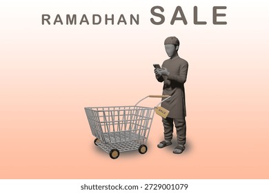 Eine 3D-Darstellung eines stilisierten Mannes in traditioneller islamischer Kleidung, der ein Smartphone benutzt, während er neben einem Einkaufswagen mit einem Verkaufsetikett steht, das den Ramadhan-Verkaufseinkauf darstellt.