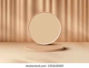 3D rendered image shows a beige podium with a circle and beige curtain backdrop. It is a minimalist product display mockup. Vector illustration