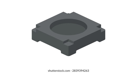 A 3D rendered isometric view of a dark grey square mechanical component with a circular indentation in the center, isolated on a white background.
