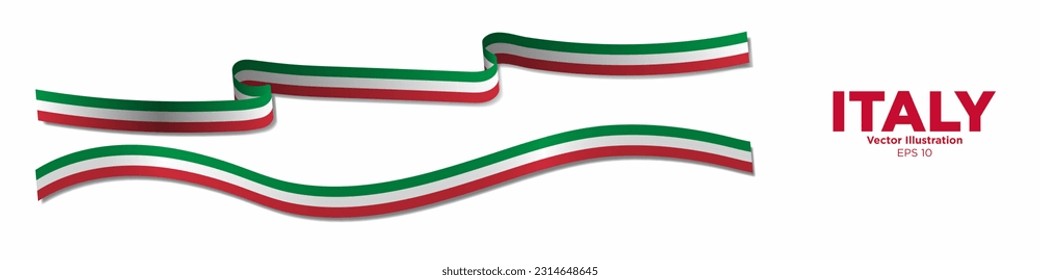 3d Cintas de bandera italiana con sombras, aisladas en fondo blanco. Curado y rendido en perspectiva. Recurso gráfico. Ilustración de vectores editable. EPS 10