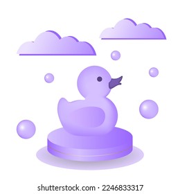 3d rendered lilac podium with duck and clouds for show kid products. Elements on white background.
