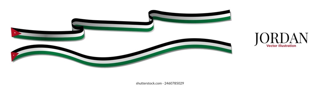 3d Rendered Long Jordan Flag Ribbons with shadows, isolated on white background. Curled and rendered in perspective. Horizontal 3D Jordanian Flag Streamers. Flag Graphic Resource. Editable Vector.