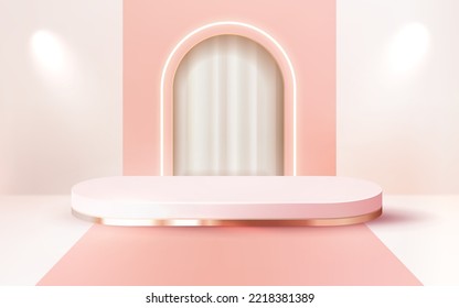3d rendered luxury pink pastel podium with white curtain showcase