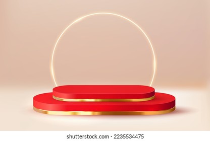 3d rendered luxury red gold podium showcase vector 3d with cream background