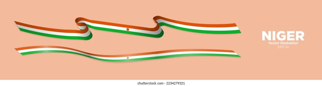 3d Rendered Niger Flag Ribbons with shadows. Nigerien Shiny Flag ribbons. Curled and rendered in perspective. Graphic Resource. Editable Vector Illustration. EPS 10.