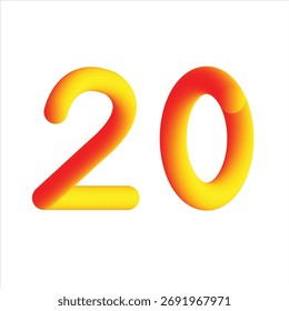 Um número renderizado em 3D 20 com um gradiente vibrante de vermelho e amarelo, isolado em um fundo branco.