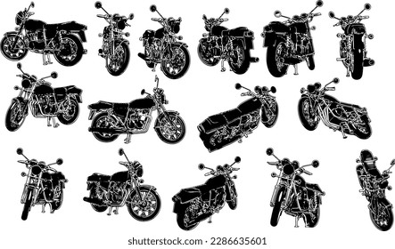 3D Rendered Old Retro Bike Silhouette Set,  A 3D Motorbike Illustration Set from Every Angle, 3D Retro Bike Silhouette Set with a Classic Twist