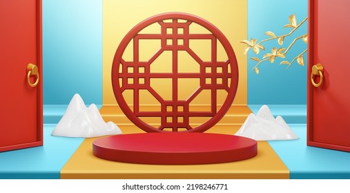 3d rendered of oriental themed display podium of red Chinese window frame between traditional doors. Mountain and golden leaves decorated aside.