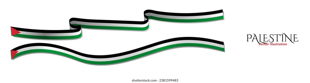 3d Rendered Palestine Flag Ribbons with shadows, isolated on white background. Palestinian flag curled and rendered in perspective. Graphic Resource. Editable Vector Illustration.
