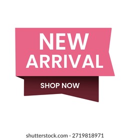3D renderizado pastel rosa y marrón nueva llegada etiqueta de marketing con la tienda ahora llamada a la acción de texto. Diseño geométrico aislado de la cinta del arte del papel para la promoción al por menor en línea, los anuncios de ventas del comercio electrónico, y los encabezados del Sitio web de compras.