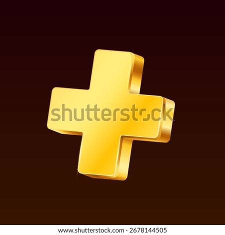 3d rendered plus icon in shiny yellow golden style, isolated on background. 3d plus icon in vector illustration