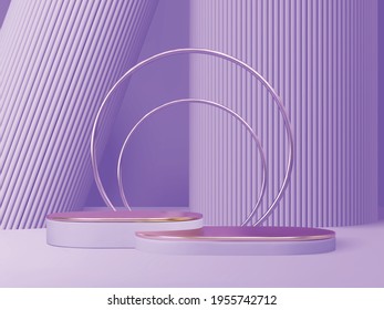 3D rendered podium for your product showcase. Violet matt shapes with gold elements. Vector 3d illustration.