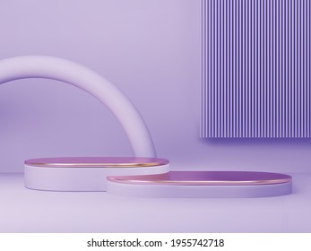 3D rendered podium for your product showcase. Violet matt shapes with gold elements. Vector 3d illustration.