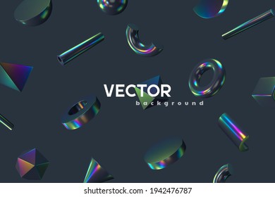 3d rendered primitive abstract shapes background. Realistic 3d sphere, torus, cone, cube, tube. Glossy holographic geometric shapes. Iridescent trendy design, thin film effect. Vector.