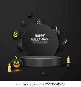 Diseño de podio de cilindro de maqueta de producto renderizado en 3D con color negro. Diseño realista del podio del producto de la promoción de Halloween 3D feliz abstracto del color negro con los murciélagos de la calabaza, y las velas. 