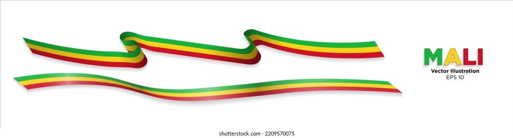 3 d Cintas de Bandera de la República de Mali con sombras, aisladas en fondo blanco. Curado y rendido en perspectiva. Recurso gráfico. Ilustración de vectores editable.