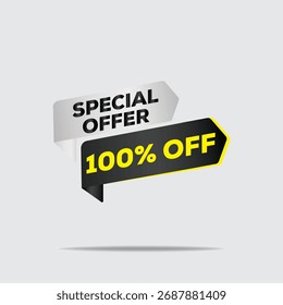 "3D renderizado especial oferecer 100% fora com logotipo dinâmico, negrito preto e amarelo design geométrico, elementos flutuantes minimalistas, texto 3D moderno"